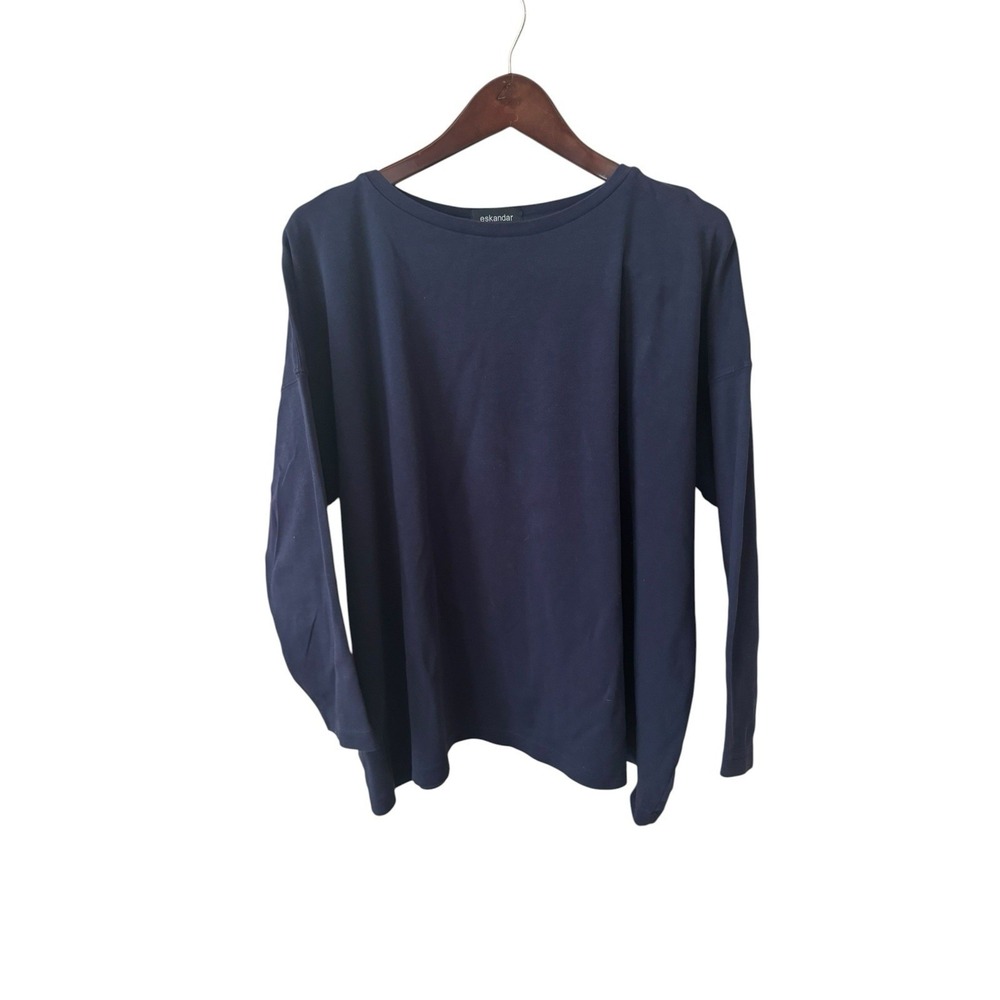 ESKANDAR Blue Pima Cotton Boxy Top LS T Shirt Made In Peru OS Flaw